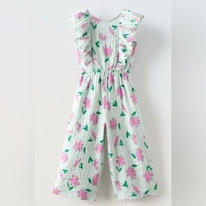 Zara Kids Floral Jumpsuit with a Vneck Back and Ruffle Shoulder Accents - 6 yrs